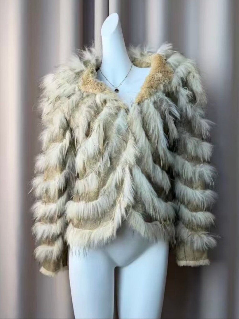 Vintage Boho Rabbit Fur Jacket – Chevron Layered – Size S